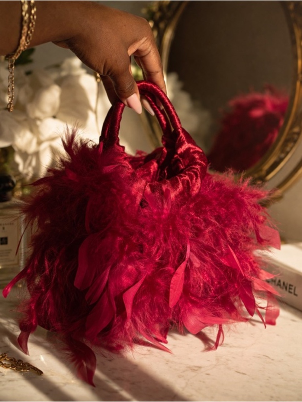 Red Feather Statement Mini Bag – Boutique Style – Luxe Editorial Piece